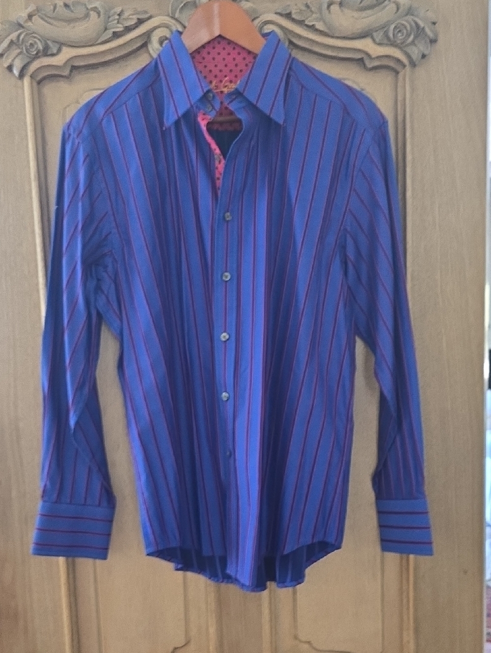 Robert Graham Blue Dress Shirt with Pink Stripe Accents
